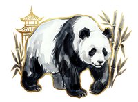 Giant panda walking among bamboo stalks with golden Asian pagoda in background. Isolated on white, ready for design, print, and educational materials.