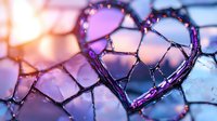 Broken heart shape formed by cracked glass with purple and blue bokeh light effects in background creating emotional artistic photography.