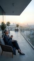 Elegant senior Caucasian woman relaxing on luxury penthouse balcony with city skyline at sunset, holding coffee cup in thoughtful mood.