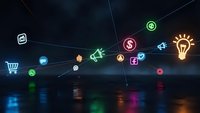 Digital marketing network with glowing social media icons connected by lines on dark reflective surface for business communication strategies.