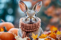 Adorable rabbit wearing knitted scarf surrounded by autumn pumpkins and fallen maple leaves on blurred bokeh background, seasonal fall nature composition.