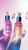 Glass dropper bottles with pink and peach cosmetic serum casting colorful shadows on light background. Luxury skincare and beauty product photography.