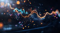 Glowing financial chart with orange and blue wave lines floating in dark space, dynamic market data visualization with bokeh light effects and particles.