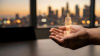 Hands holding glowing human figure silhouette against blurred city skyline at sunset. Concept of care, protection, support and human resources management.