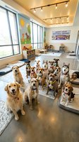 Group of diverse dogs sitting in modern animal shelter adoption room with large windows and colorful wall decorations for pet rescue campaigns.