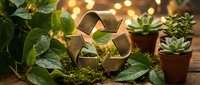Eco-friendly recycling symbol surrounded by green plants and succulents with warm bokeh lights creating sustainable living concept for Earth Day campaigns.