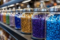 Colorful glass jars filled with shiny beads and decorative elements on retail display shelf, featuring purple, gold and blue tones with soft bokeh background.