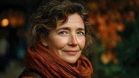 Middle-aged Caucasian woman with curly hair wearing orange knit scarf smiling warmly outdoors during autumn season with bokeh lights background.