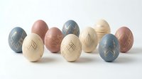 Collection of decorated Easter eggs with geometric patterns in pastel colors including blue, pink, cream and beige tones on white background.