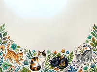 Cats with decorative foliage and botanical elements arranged in a border frame on isolated background, suitable for stationery, invitations, and design projects.