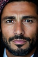 Close-up portrait of Middle Eastern man with beard and traditional headwear showing intense gaze and confident expression against dark background.