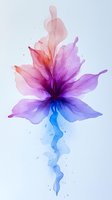 Ethereal watercolor flower in purple, pink and blue tones with flowing abstract elements creates dreamy artistic composition on light background.