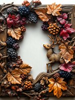 Autumn wreath with carved wooden deer, maple leaves in orange and red, dark grapes, and berries creates rustic seasonal decor against white background.