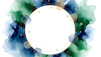 Abstract watercolor frame with blue and green splashes surrounding white circular space for text or design elements.
