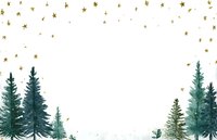 Watercolor winter forest with pine trees and golden stars on white background. Festive holiday frame for Christmas cards and seasonal designs.