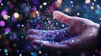 Magical sparkles and glitter floating above open palm against dark background with colorful bokeh lights creating dreamy atmosphere. Suitable for fantasy concepts.