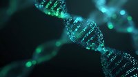 Glowing DNA helix structure with blue and green particles on dark background, representing genetic science and biotechnology research.