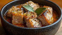 Grilled salmon cubes seasoned with herbs and spices in dark ceramic bowl with bay leaves and sauce, close up view of gourmet seafood dish on wooden table.