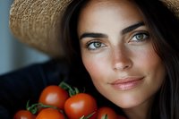 Young Mediterranean woman with freckles and natural makeup wearing straw hat, holding fresh red tomatoes on vine, close-up portrait with soft natural lighting.