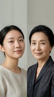 Two generations of Asian women showcasing natural beauty and aging gracefully in professional portrait photography for skincare and wellness campaigns.