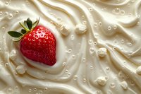 Fresh ripe strawberry on creamy white yogurt or milk background with swirls and bubbles texture, macro food photography for dairy products advertising.