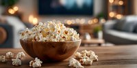 Fresh buttery popcorn in wooden bowl on rustic table with warm bokeh lights creating cozy movie night atmosphere for home entertainment and snacking.