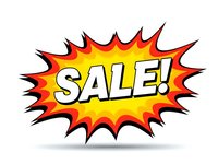 Comic book style sale burst with explosive yellow and red flames on white background for promotional marketing campaigns and retail advertising.