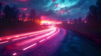 Long exposure night photography of curved highway with vibrant pink and red light trails against dramatic twilight sky with glowing clouds and stars.