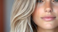 Close up portrait of young Caucasian woman with blonde hair and natural makeup showing glowing healthy skin, pink lips and blue eyes against blurred background.