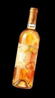 Watercolor wine bottle with golden amber tones, isolated on transparent background. Ready for t-shirt design, stickers, clipart, print on demand, and sublimation projects.