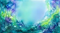 Digital technology background with circuit board patterns, glowing neon lines, and data flow elements in turquoise, purple, and green tones. Suitable for tech, innovation, and digital transformation concepts.