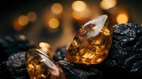 Amber gemstone jewelry pieces with natural inclusions resting on dark volcanic rock surface with warm golden bokeh lights creating luxury atmosphere.