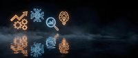 Business technology icons with glowing effects reflected on dark water surface for digital transformation and innovation concepts.