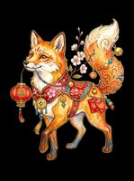 Festive fox with Chinese lantern, cherry blossoms, and lucky coins, isolated on transparent background. Great for stickers, t-shirt design, and print on demand.