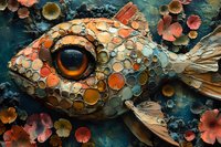 Decorative fish artwork with circular patterns and coral elements in orange and teal tones, featuring detailed eye and scale textures against dark aquatic background.