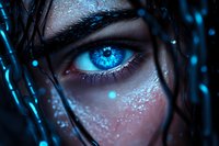 Mesmerizing blue eye with glowing sparkles and dark hair strands creating mysterious atmosphere against dark background, fantasy makeup art concept.