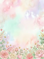 Soft watercolor floral border with pastel pink, mint, and lavender washes, gold accents, hearts, and botanical elements. Isolated on white background for invitations, cards, and design projects.