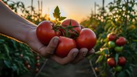 Fresh ripe red tomatoes in farmer hands at sunset in greenhouse garden, organic vegetable harvest concept for healthy eating and agriculture.