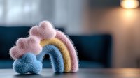 Cozy knitted rainbow with pink clouds on dark background, soft pastel colors plush toy for nursery decor and children room interior styling.