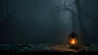 Vintage lantern glowing with warm light on forest ground surrounded by bare trees and thick fog, creating moody atmosphere for dark fantasy, horror, or mysterious storytelling projects.