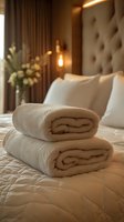Soft white towels folded on luxury hotel bed with tufted headboard and ambient lighting, fresh flowers in background create welcoming hospitality atmosphere.