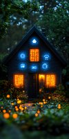 Dark wooden cottage with glowing neon smart home icons and warm orange windows surrounded by magical garden with firefly lights at dusk.