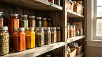 Organized pantry shelves with glass jars containing colorful spices, herbs, grains and dried foods in rustic wooden storage system for kitchen organization.
