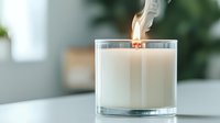 Aromatic white scented candle in glass container with gentle smoke trail rising from extinguished flame on light surface against blurred background.
