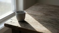 Empty ceramic mug on wooden table by window with natural sunlight, suitable for beverage, coffee shop, and lifestyle design projects.