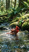 Red cardinal bird splashing and bathing in forest stream with water droplets flying, surrounded by lush green ferns and moss-covered rocks in natural habitat.