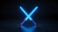 Glowing neon blue crossed swords against dark background creating dramatic lighting effect, suitable for gaming and entertainment design projects.