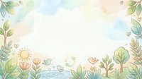 Soft watercolor nature frame with birds, sun, flowers, trees, and recycling symbol in pastel green and peach tones, copy space center.