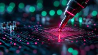 Futuristic microchip testing with red laser probe on circuit board against blurred bokeh background. Advanced technology concept for electronics manufacturing.