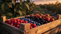 Fresh mixed berries in rustic wooden crate at golden hour sunset, featuring strawberries, blueberries, raspberries and blackberries for healthy eating concepts.
